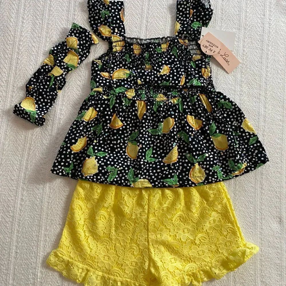LITTLE LASS 24M Lemons with Disco Dots 3-piece Short Set